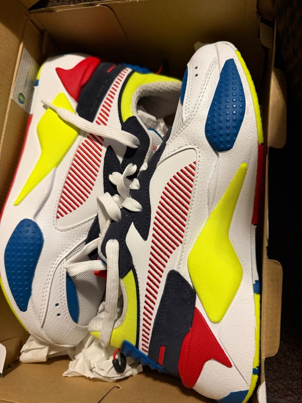 Puma Kids White Sneakers with Blue, Neon Yellow, Red and Navy Accents